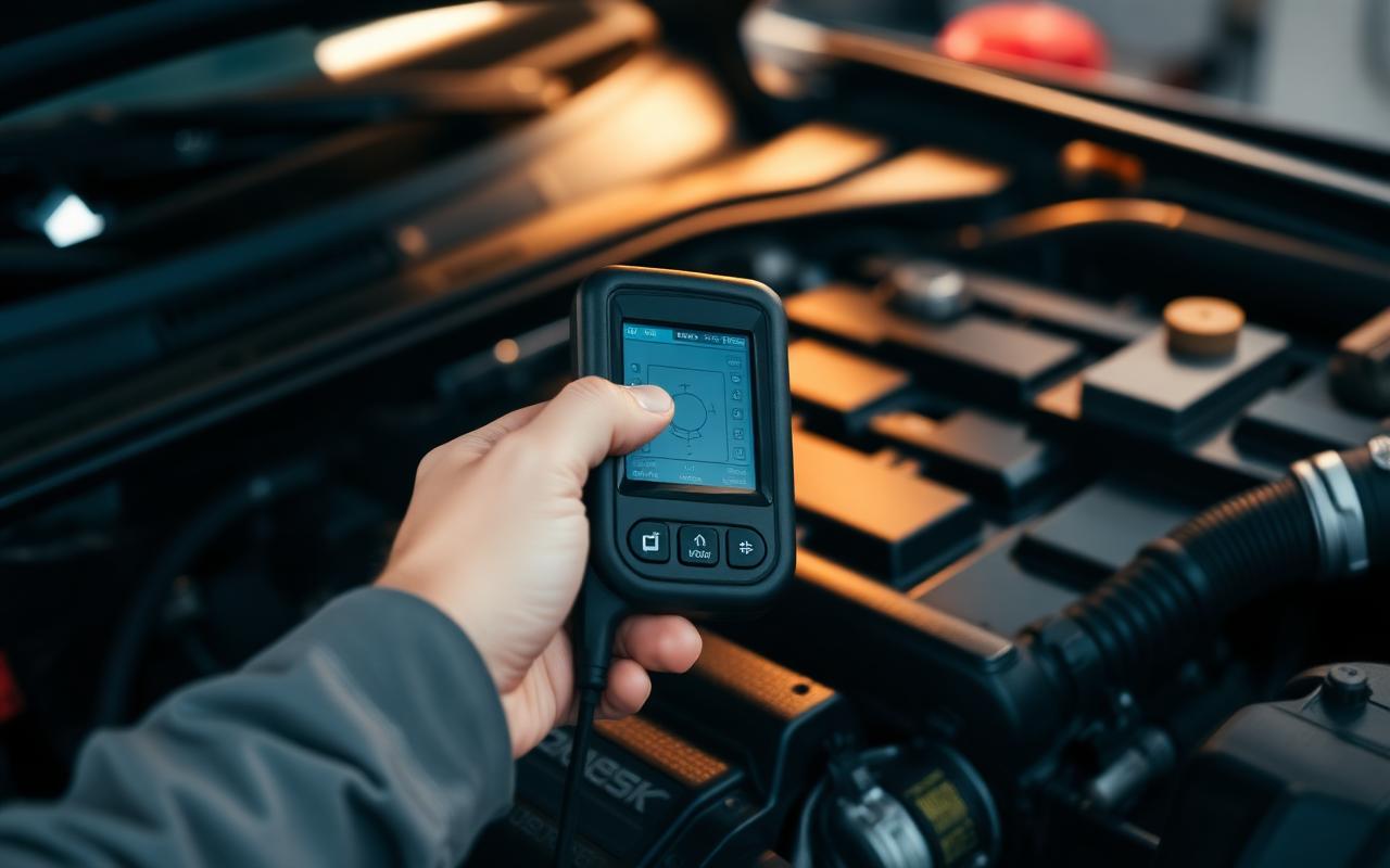 Technician running diagnostics on a vehicle engine