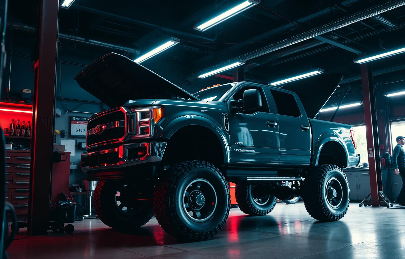 Aulin Automotive shop interior with a lifted diesel pickup
